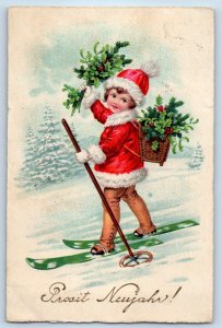 c1910's Christmas Child Skiing Holly Berries Philadelphia Pennsylvania Postcard