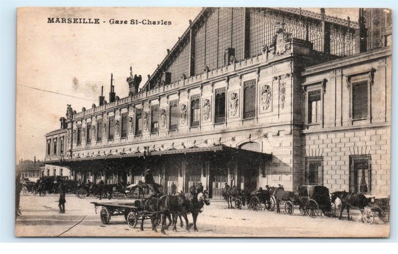 *Marseille France Gare St Charles Horse Buggy Carriage Old Vintage Postcard B92