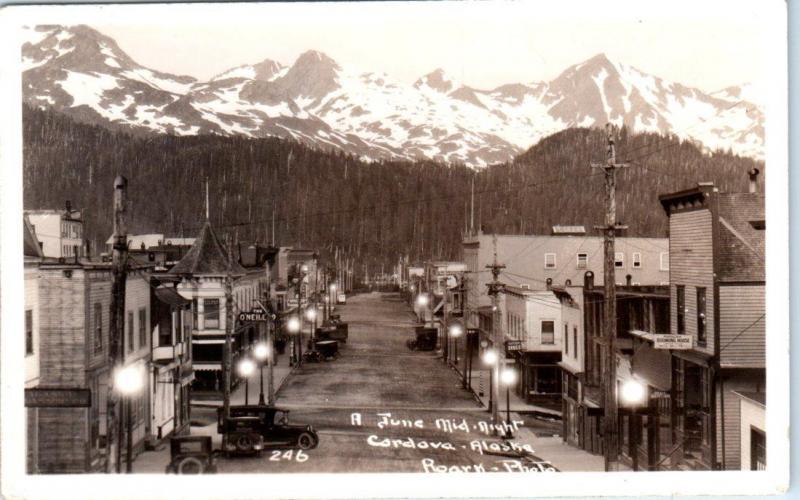 RPPC  CORDOVA, Alaska  AK   A June Midnight  1936 STREET SCENE  Roark Postcard