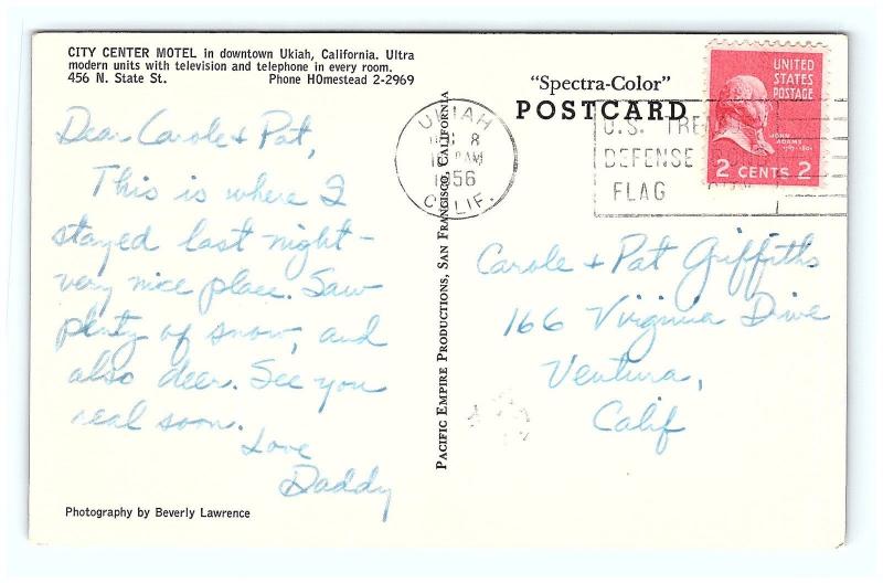 Postcard Ca Ukiah City Center Motel 1950s Old Cars G03 - 
