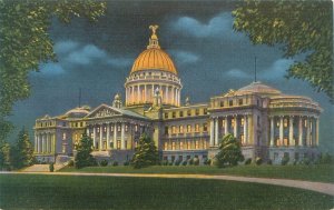 Jackson Mississippi State Capitol Night View Linen Postcard Unused