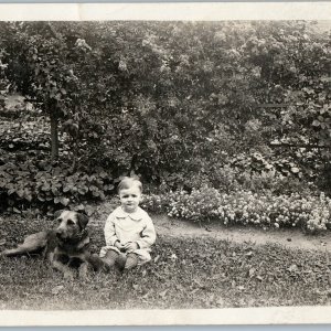 c1900s Cute Old Dog & Little Boy in Grass RPPC Garden Irish Wolfhound Pup A187