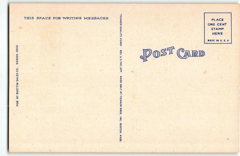 MARION, OHIO Large Letter Linen Postcard c1940 - Downtown Shops and Cars