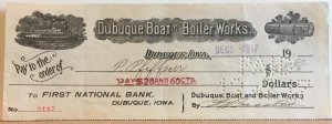 1917 Dubuque Boat & Boiler Works Dubuque IA Cancelled Check