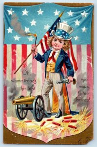 c1910's Fourth Of July Uncle Sam Patriotic Flag Fire Crackers Tuck Postcard