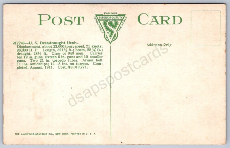 K44/ Ship Postcard c1910 U.S. Dreadnaught Battleship USS Utah U.S. Navy 84