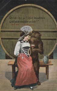 Bear Getting Lady Drunk Antique Swiss Switzerland Comic Postcard