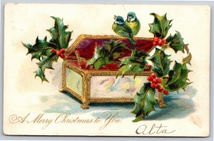 Christmas~Blue Birds On Open Lid Of Gold & Opal Box~Holly~Emb~TUCK~1909 UDB PC