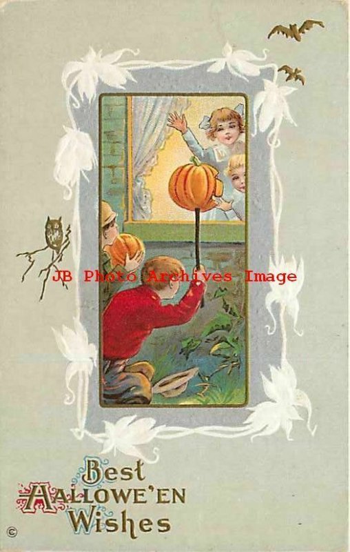 Halloween, Stecher No 345 D, Girls Waving through Window at Boys with JOLs