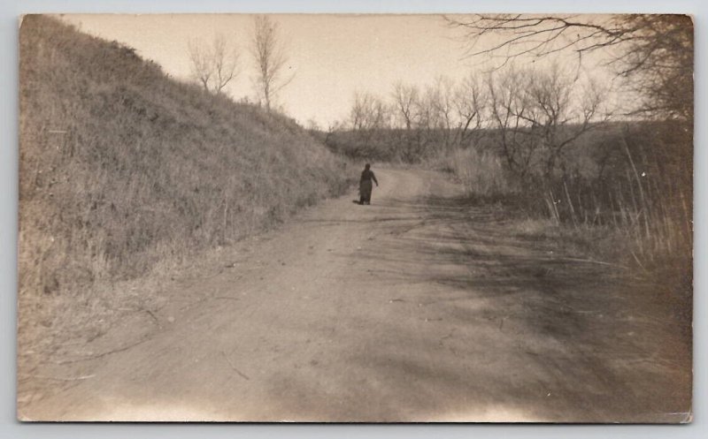 RPPC Lonely Dirt Road Person Walking Down Path Real Photo Postcard B46
