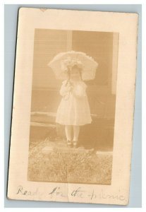 Vintage 1910's RPPC Postcard - Suburban Home Cute Girl with Parasol