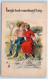 'I might hook something if I stay' Fishing Humor Romance Postcard