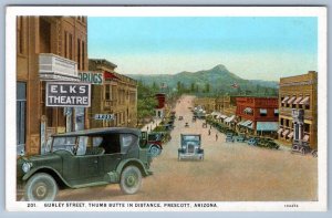 1920's PRESCOTT AZ GURLEY STREET ELKS THEATRE DRUG STORE THUMB BUTTE POSTCARD