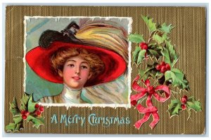 1914 Christmas Pretty Woman Feather Hat Holly Berries Lestershire NY Postcard