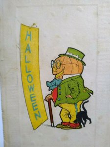 Fantasy Halloween Postcard Green Goblin Walking Cane Black Cat 1916 Falmouth