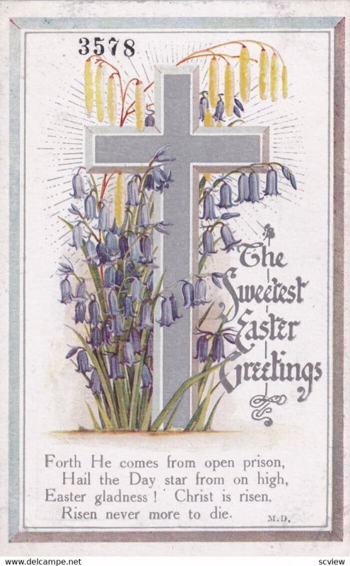 EASTER, 1900-10s; Sweetest Greetings, Silver Cross & Purple Bell Flowers, Poem
