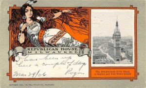 Republican House, Milwaukee, WI City Hall Indian Woman Art 1906 Vintage Postcard