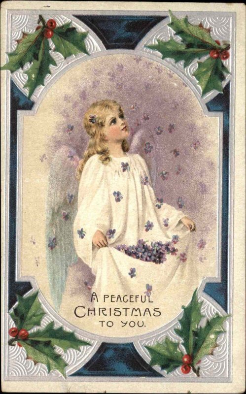 Christmas Little Girl Angel with Holly c1910 Vintage Postcard