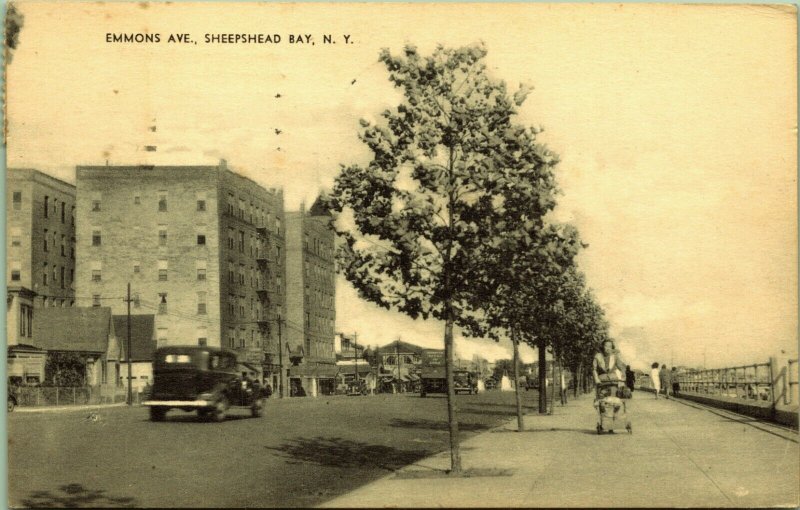 Emmons Ave Sheepshead Bay New York Postcard woman baby stroller antique cars