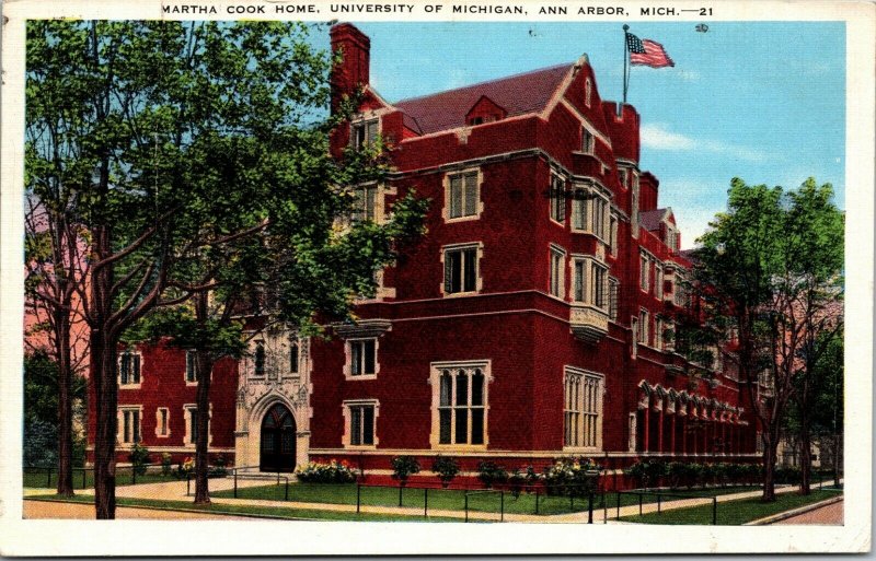 Ann Arbor, MI, Martha Cook Home, University of Michigan, Linen Postcard POSTED