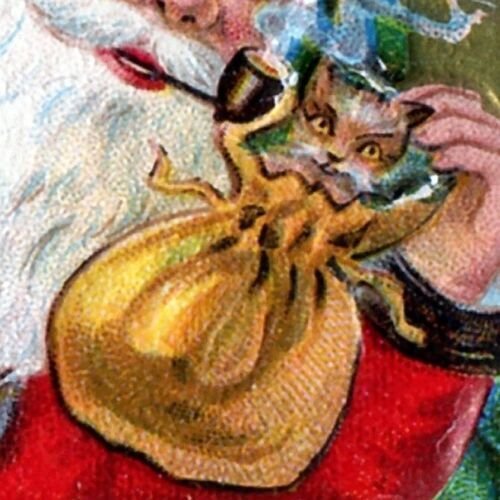 Antique SANTA CLAUS Postcard~Christmas~GOLD BELL~PIPE~KITTY CAT~DRAWSTRING BAG