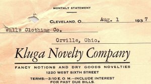 1937 KLUGA NOVELTY COMPANY CLEVELAND OHIO BILLHEAD PAST DUE STATEMENT Z2292