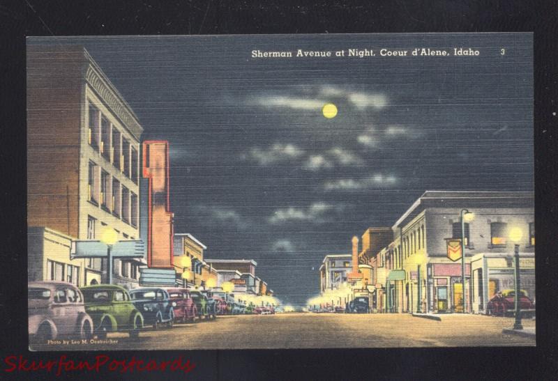 COEUR D'ALENE IDAHO DOWNTOWN SHERMAN STREET SCENE AT NIGHT OLD POSTCARD