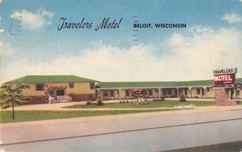 Beloit Wisconsin street scene Travelers Motel courtyard linen antique pc Z47166