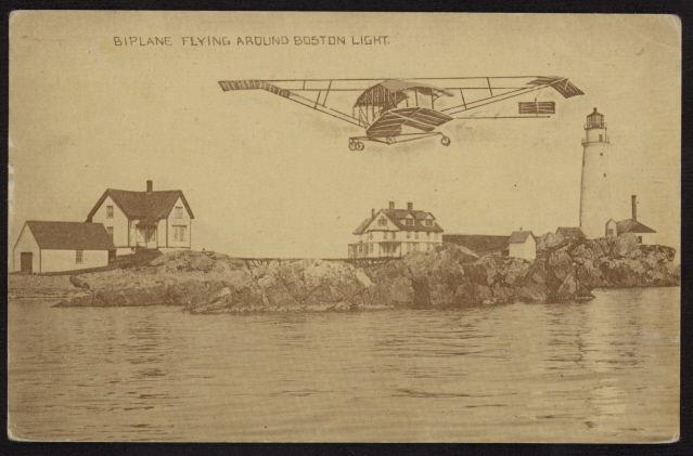 1910 very early biplane flying low around Boston Light in MA sepia post card