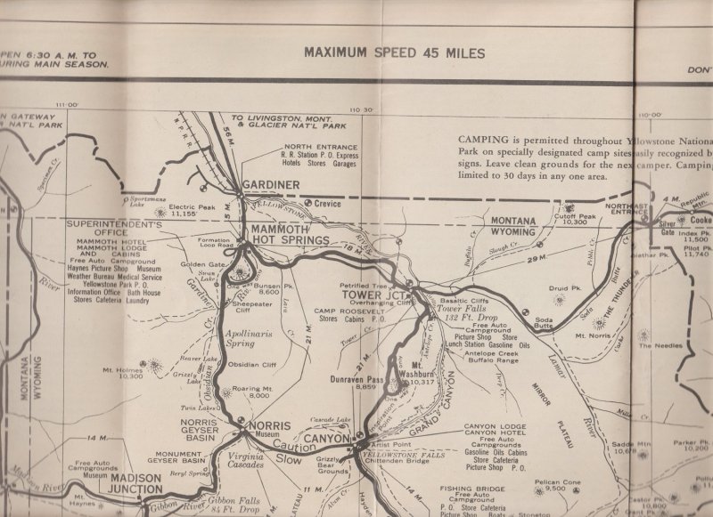 1930s/1940s Yellowstone Map, Black and White, Warning About Bears