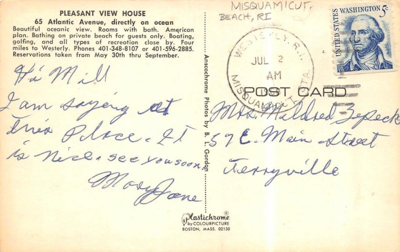 Westerly, Rhode Island RI   PLEASANT VIEW HOUSE Misquamicut Beach  1968 Postcard