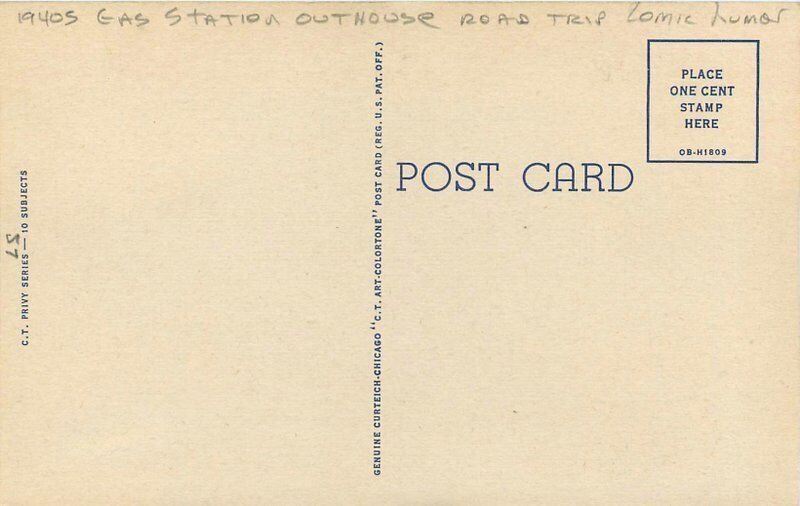 1940s Gas Station Outhouse road Trip Comic Humor Teich C-278 Postcard 22-9144