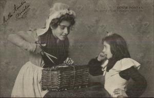 French Girls Open Package w/ Old Scissors Colis Postal c1900 Postcard