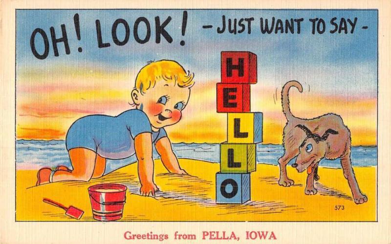 Greetings from Pella Iowa Beach Baby  Antique Postcard W64