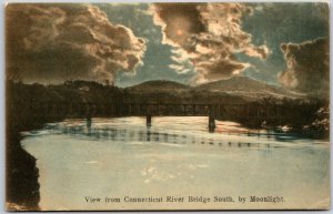 View From Connecticut River Bridge South  By Moonlight Hand-Colored Postcard