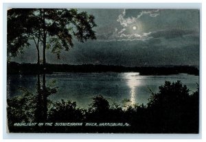 c1910's Moonlight On The Susquehanna River Harrisburg Pennsylvania PA Postcard