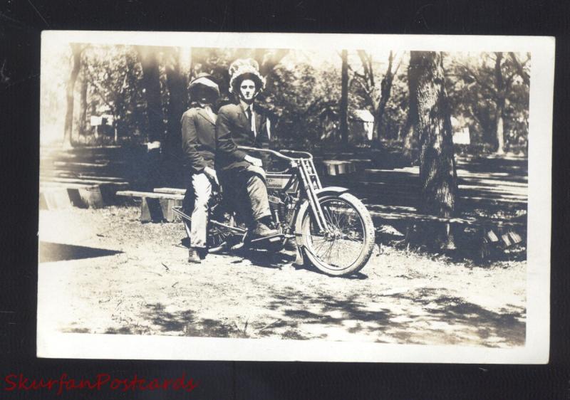 RPPC HARLEY DAVIDSON MOTORCYCLE TANDEM RIDERS VINTAGE REAL PHOTO POSTCARD