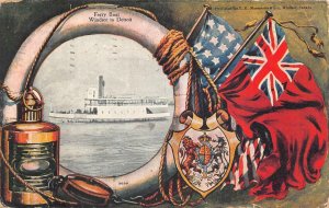 FERRY BOAT WINDSOR TO DETROIT CANADA FLAGS PATRIOTIC POSTCARD 1913