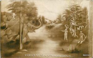 Perils' of the African Jungle Elephants Charging men with guns postcard 7665