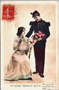 Romantic Military Couple Soldier Vintage RPPC C144