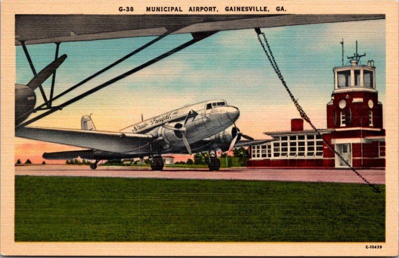 Linen Postcard Municipal Airport Strato Freight Airplane in Gainesville, Georgia