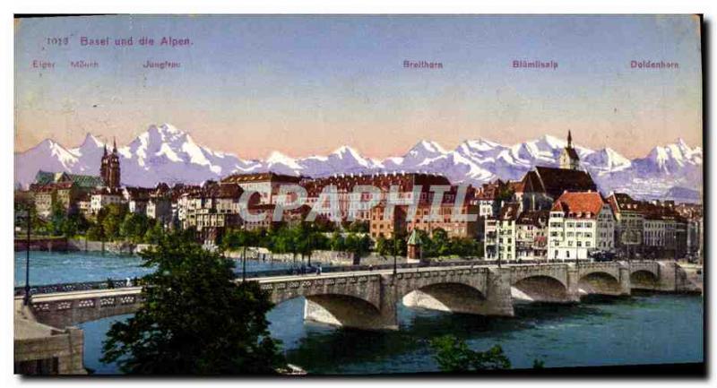 Old Postcard Basel und die Alpen