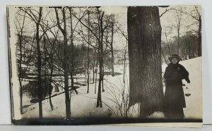 RPPC Victorian Woman in Wooded Photo Snow Scene c1910 Postcard P12