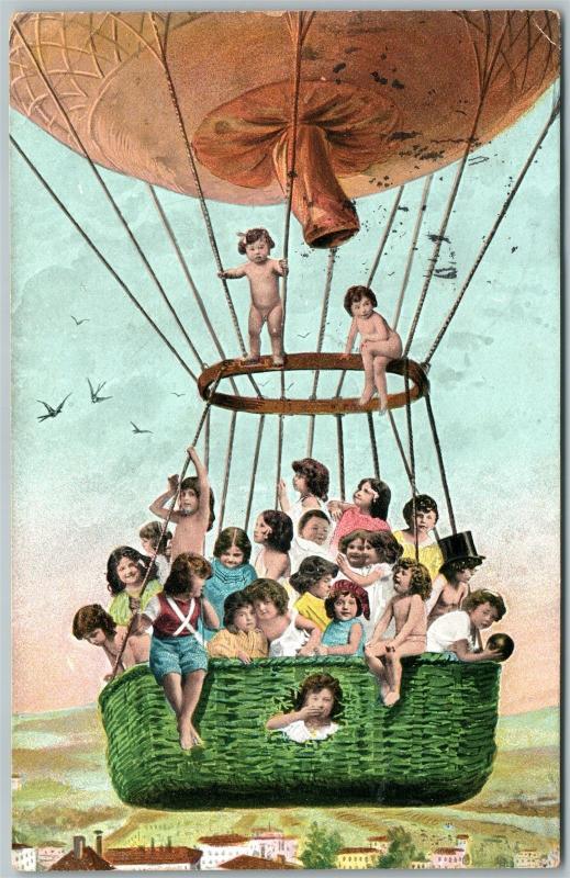 MULTIPLE BABIES FLYING WITH BALLOONS ANTIQUE 1905 POSTCARD w/ CORK CANCEL