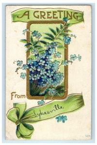1909 A Greeting from Sykesville, Blue Flower and Ribbon Printed Postcard