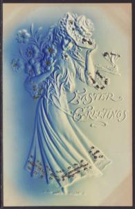 Easter Greetings,Woman in Hat,Flowers,Embossed