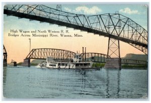 c1910 High Wagon North Western RR Bridges Across River Winona Minnesota Postcard