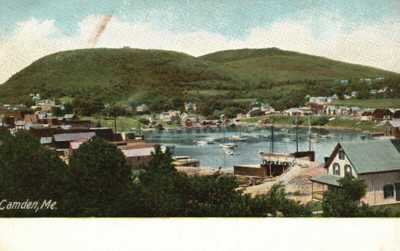 Vintage Postcard 1900's View of Small Town and Water Scene Sailboats Camden ME