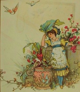 1870's-80's Victorian Trade Card Garden Scene Lovely Young Girl Birds P53