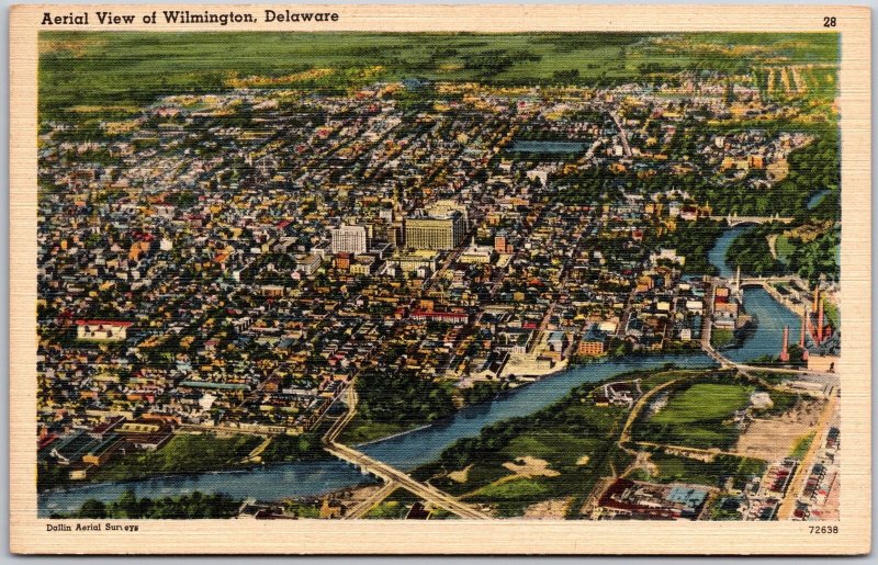 Wilmington Delaware DE, 1946 Aerial View of Cityscape, River & Bridges, Postcard